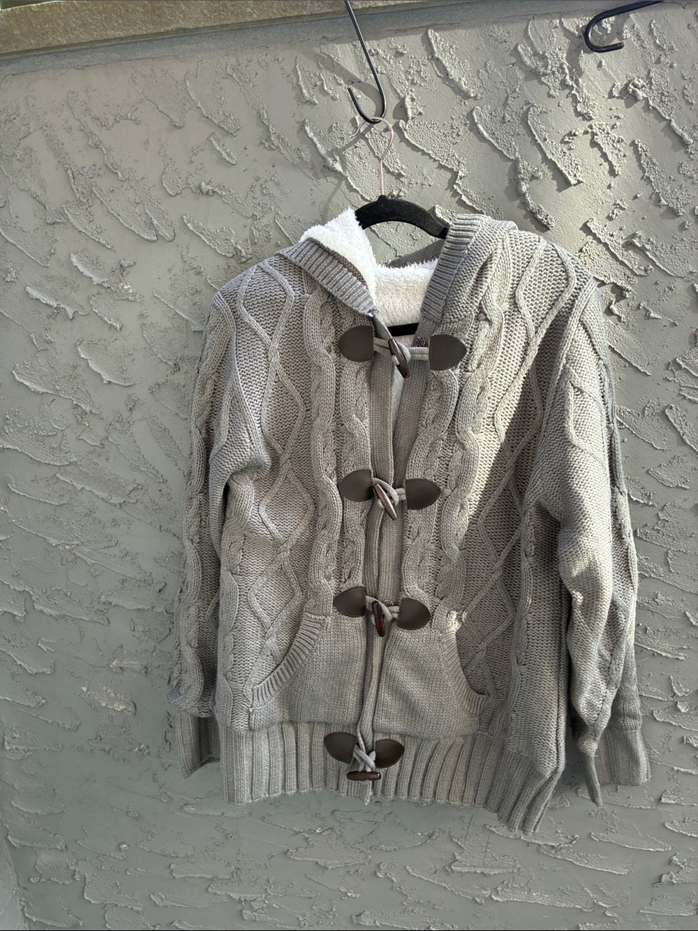Men's Gray Hooded Cable Knit Toggle Sweater